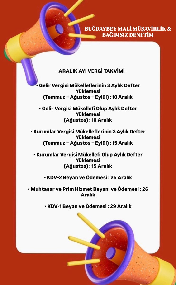 ARALIK AYI VERGİ TAKVİMİ

#VergiTakvimi #AralıkAyı
#Muhasebe #MuhasebeGündemi