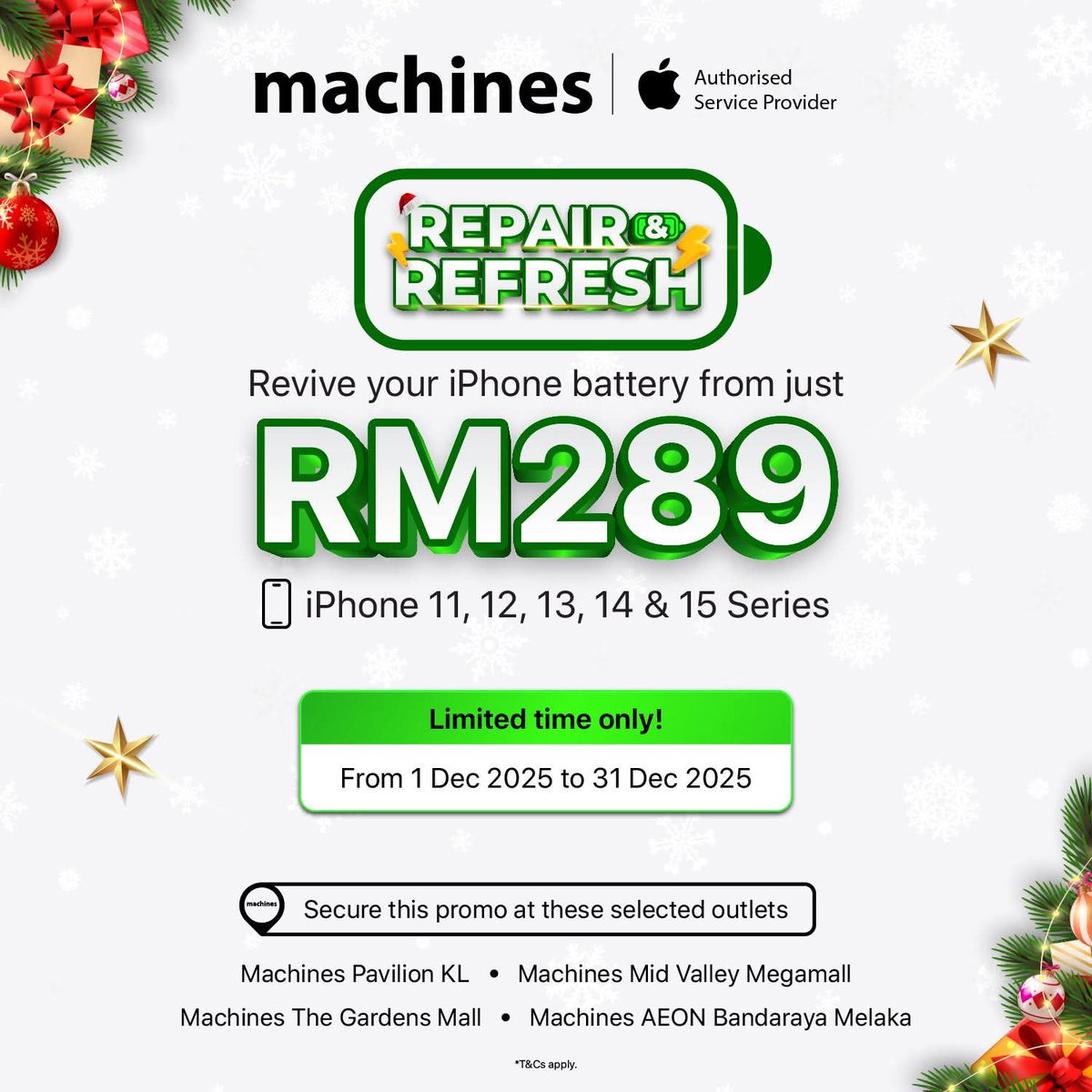 XavierNaxa's tweet photo. Machines mengumumkan tawaran promosi bagi perkhidmatan penukaran bateri melibatkan siri iPhone 11, iPhone 12, iPhone 13, iPhone 14 dan iPhone 15 pada harga serendah RM289. https://t.co/PVQJfOw05v