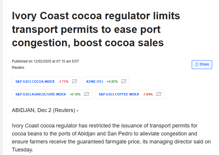 MartinsKrusts's tweet image. 🇨🇮🚛Meantime cocoa farmers are exporting like life depends on it. Ivory Coast regulator limited issuance of transport permits for #cocoa trucks to fight with congestion at ports. I believe they are limiting the panic sell off. Dont matter how they interpret it.  

#oatt