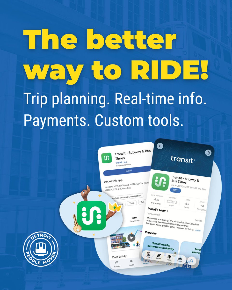 detpeoplemover's tweet image. Detroit, your ride just got an upgrade. 🚝📲

DPM has partnered with @RTAmichigan, giving riders FREE access to #TransitRoyale, the premium version of the #TransitApp.

Plan trips across @RideDDOT, @qlinedetroit &amp;amp; more all in one app!

🔗Get it here: rtamichigan.org/transitapp