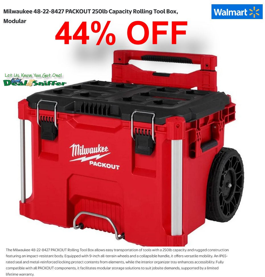 dealsniffer's tweet image. 🚨 44% OFF Milwaukee 48-22-8427 PACKOUT 250lb Capacity Rolling Tool Box 💪
mavely.app.link/e/OJmQSnOgMYb 🔗
#milwaukee #milwaukeetools #toolbox #toolstorage #Tools #walmart
