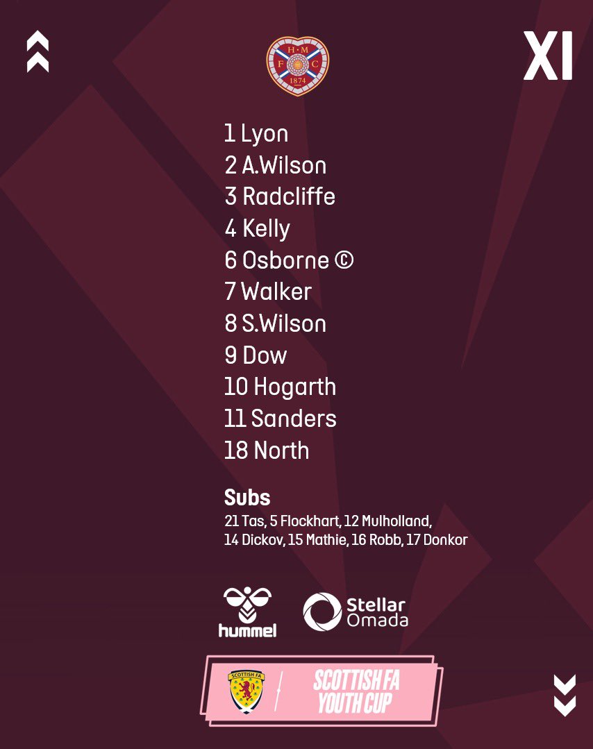 The Starting XI for this evenings <a href="/ScottishFA/">Scottish FA</a> Youth Cup 4th Round tie vs <a href="/BonnyriggRose/">Bonnyrigg Rose</a>, at Kings Park, Dalkeith🏆

2️⃣changes from the last round sees Hogarth &amp; A.Wilson come in

🥅Lyon between the sticks

©️Osborne leads the side 

⚙️Wilson &amp; Hogarth in the engine room