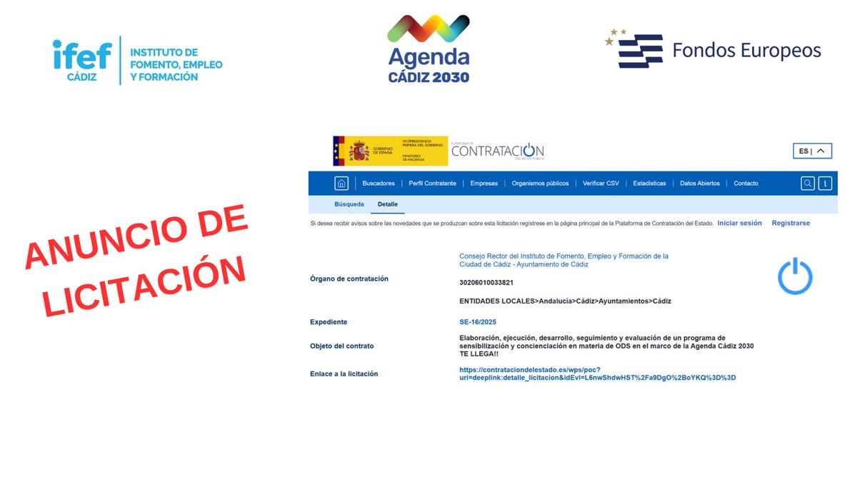 📣📣  Se licita el servicio de elaboración, ejecución, desarrollo, seguimiento y evaluación de un programa de sensibilización y concienciación en materia de ODS en el marco de la Agenda Cádiz 2030.

🔗acortar.link/dl2ThV

Plazo 17/12/2025

#ODS#Agenda2030#redagenda2030#FEMP.