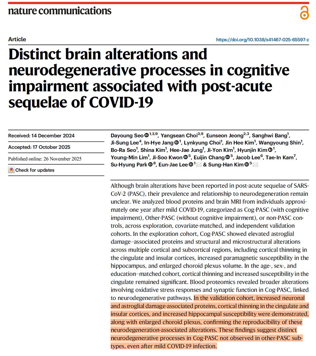 Very important study and more evidence that #NeuroCovid can contribute to neurodegeneration and cognitive impairment. When they say 'it's all in your head', they might be trying to be dismissive, but are accidentally being very realistic.
nature.com/articles/s4146…
#LongCovid