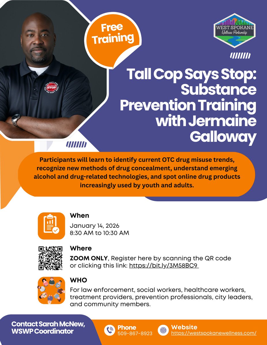 newesdnews's tweet image. Tall Cop is coming to #spokane 👮🏾‍♂️

Join us Jan. 14, 2026, 8:30–10:30 a.m. for “Tall Cop Says Stop: Substance Prevention Training w/ Jermaine Galloway.” Free Zoom training for law enforcement, social workers, providers &amp;amp; community members.

Register: bit.ly/3M58BC9