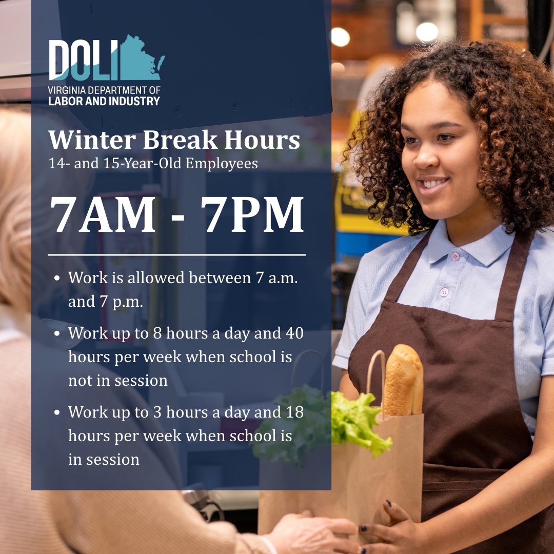 ❄️ Winter break is almost here! ❄️ 

During the break, employees aged 14 and 15 may work between 7 AM – 7 PM. Stay warm and stay safe!