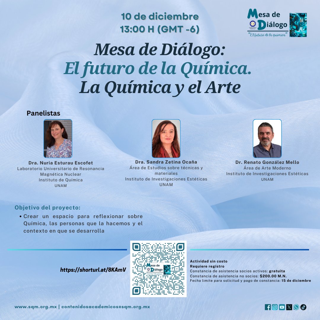 Los invitamos a la #MesadeDiálogo: El Futuro de la Química. La Química y el Arte.

El 10 de diciembre a las 13:00 hrs. (GMT-6)

Link de registro:
shorturl.at/8KAmV

#SQM #LaQuímicaNosUne #LaQuímicayelArte #ElFuturodelaQuímica