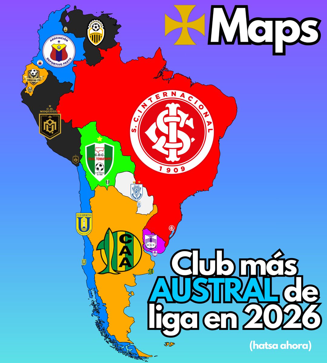 mapas_x's tweet photo. ❄️ Club más austral de cada liga para 2026: https://t.co/beAASS2tiQ