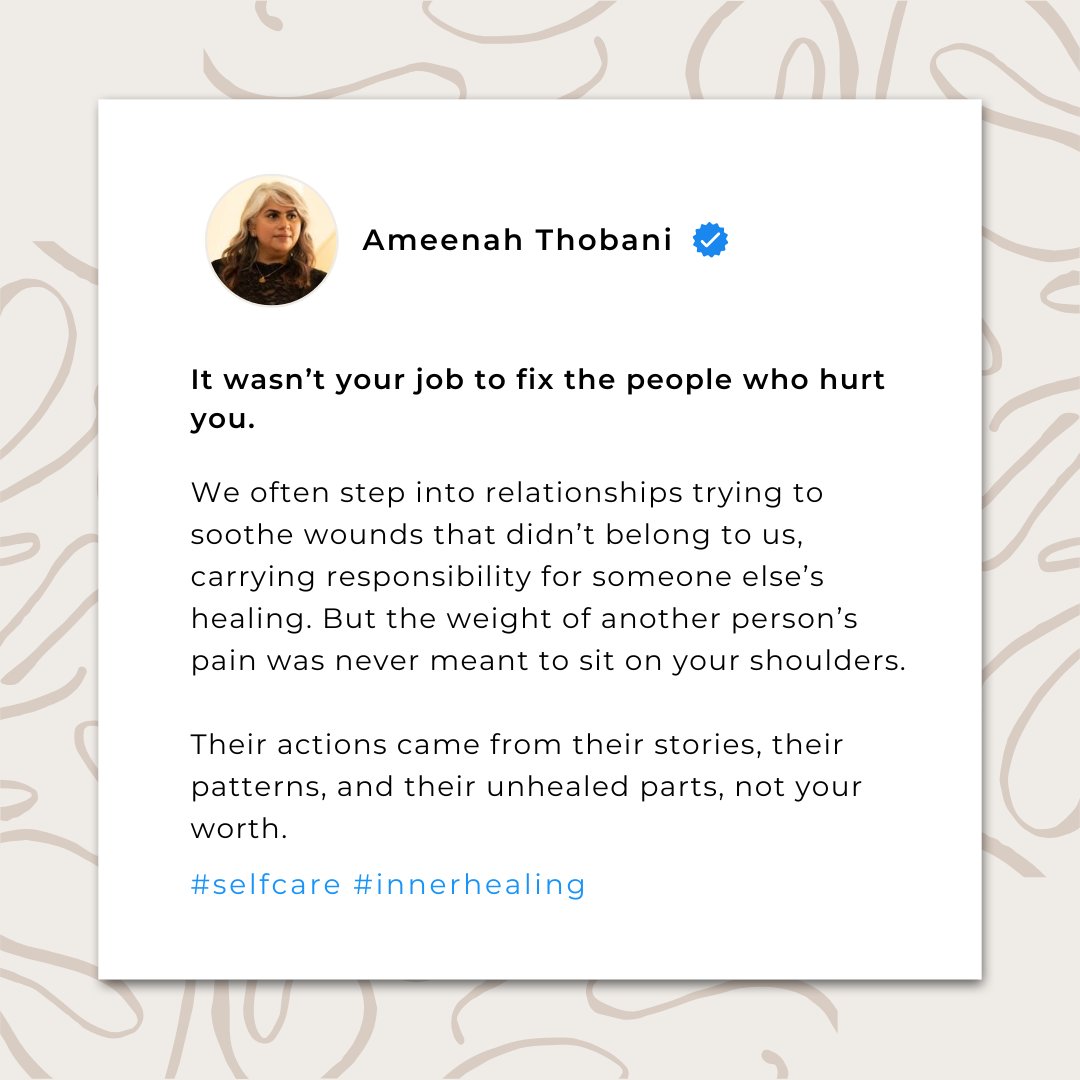 ameenahthobani's tweet image. It wasn’t your job to fix the people who hurt you.
Their wounds were never yours to carry. 💛

#InnerHealing #SelfForgiveness #EmotionalHealing #LettingGo