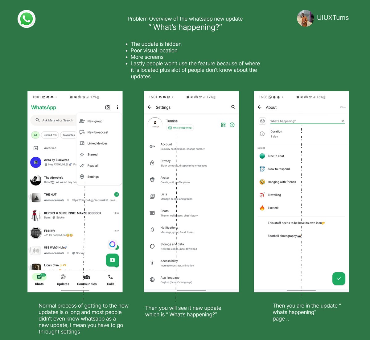 CreativeTums's tweet photo. Basically i made a redesign to solve the problem of the hidden but useful update that was made by @WhatsApp  But let's be honest the UX ( User experience ) is really bad, i mean alot of people don't even know about the update becuse it lacks visibility  here is the solution 👇 https://t.co/Et96JxAeaG
