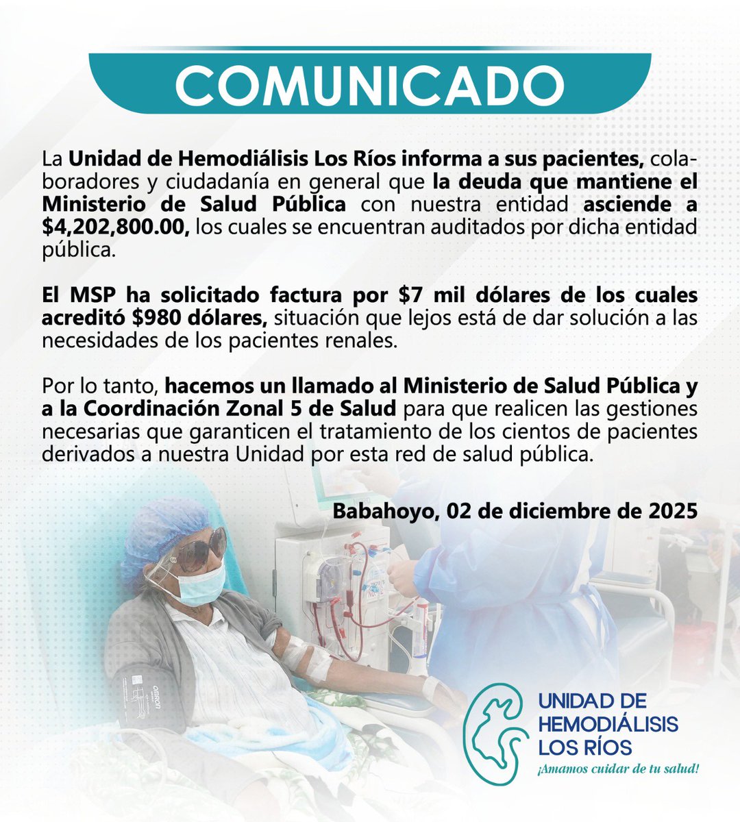 #ATENCION #Urgente 
Desde el año 2023 el <a href="/Salud_Ec/">Ministerio de Salud Pública 🇪🇨</a> #MSP viene incrementando la deuda por el tratamiento que hemos prestado a sus pacientes derivados a nuestros centros de diálisis.
#SOS #DialisisEsVida <a href="/DanielNoboaOk/">Daniel Noboa Azin</a> <a href="/fabriciovelav/">Fabricio Vela</a> <a href="/CarlosVerareal/">Carlos Vera</a>