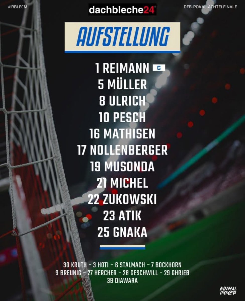 1fc_magdeburg's tweet image. Unser 𝑻𝑬𝑨𝑴 für den 🏆 Pokalabend
—————
#RBLFCM
#EINMALIMMER