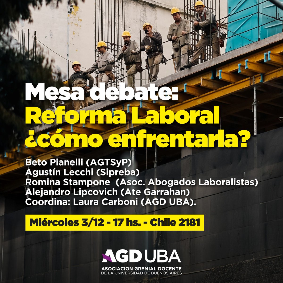 Gran debate organizado por <a href="/UbaAgd/">AGD-UBA</a> para prepararnos para ganar las calles contra la reforma laboral. Con <a href="/AguLecchi/">Agu Lecchi</a> de <a href="/sipreba/">SiPreBA - Sindicato de Prensa de Buenos Aires</a>, <a href="/Aleplipco/">Ale Lipco</a> de <a href="/AteGarrahan/">ATE Garrahan</a> y <a href="/pbetito/">Beto Pianelli</a> de <a href="/prensadelsubte/">Prensa AGTSyP</a>. Miércoles 17 hs. ✊✊