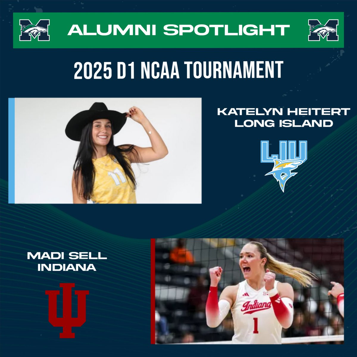🚨ALUMNI UPDATE🚨
2 Former Mustangs have qualified in the field of 64 competing for the Division 1 National Championship! Katelyn Heitert ('24) - LIU will play Nebraska, Friday at 7pm. Madi Sell ('22) - Indiana will play Toledo, Thursday at 4:30pm! Good luck to girls!