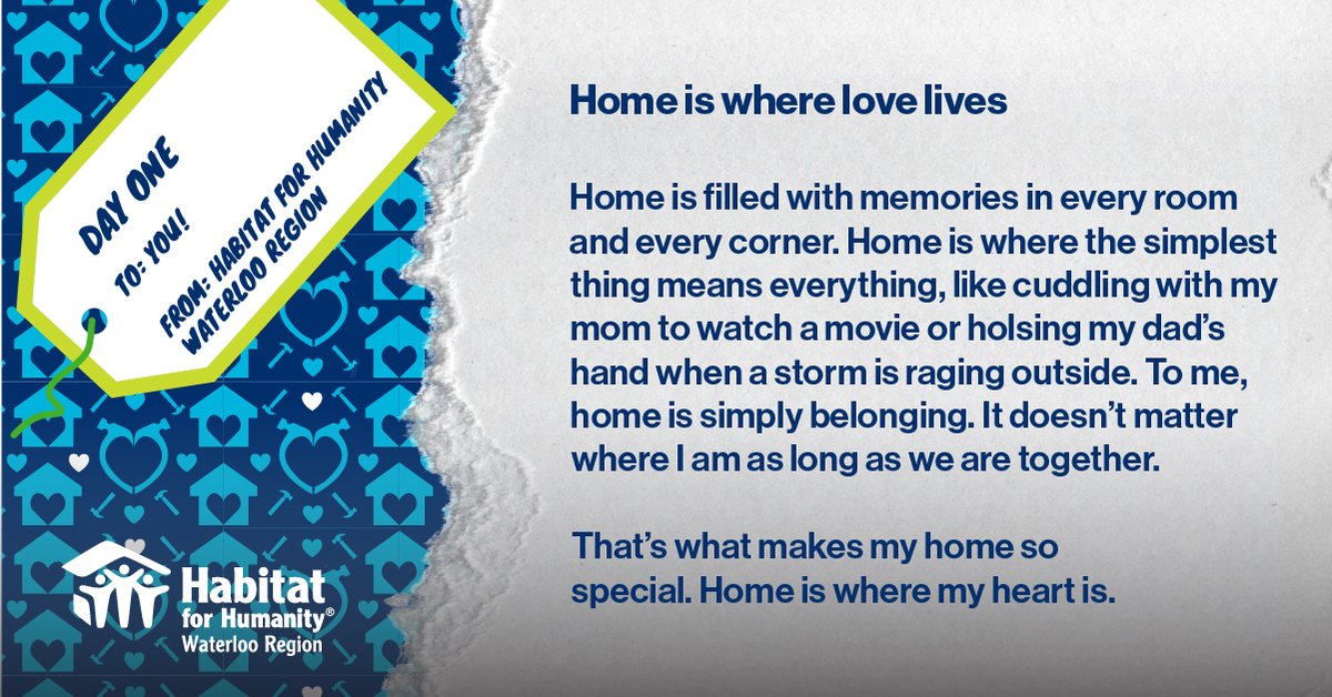 💙 It’s Giving Tuesday! We’re kicking off our 12 Days of Giving with a heartfelt Meaning of Home entry from a local student.
🏠 Donate today to support Habitat Waterloo Region and affordable housing. Together, we make home possible.
habitatwr.ca/site/holiday