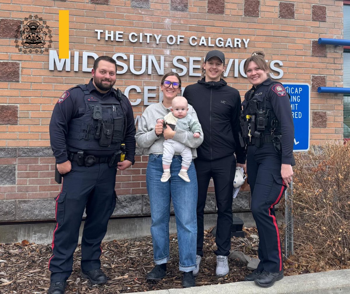 CalgaryPolice's tweet photo. A Calgary family reunited with the officers who helped them during one of the scariest nights of their lives.

In the early hours of Thursday, May 29, 2025, Sarah & Alex were living every parent’s nightmare when their 4-day-old son, Ollie, became suddenly ill. After taking him to the South Health Campus Emergency Department, medical staff determined he needed urgent care from specialists at the Alberta Children’s Hospital. With no time to wait for an ambulance transfer, the family raced to get him there themselves.

That’s when District 8 Constables Browne & Green stepped in. After pulling the family over for speeding, Const. Browne quickly realized this wasn’t a routine stop – it was a race against time to save a newborn. Without hesitation, she assessed the baby’s condition & made the call: rather than delay the family further, she & Const. Green provided an emergency police escort straight to the hospital doors.

When they arrived, hospital staff were ready & immediately took Ollie into care. Meanwhile, the officers quietly moved the family’s car to a proper parking spot & paid for 24 hours of parking out of their own pockets before carrying on with their shift.

Ollie was diagnosed with an obstructed bowel & rushed into emergency surgery. Thanks to the officers’ quick thinking, he got the treatment he needed in time. Today, his only reminder of that night is a tiny scar, a far better outcome than what could have been.

Sarah & Alex reached out to our Professional Standards Section to express their gratitude & hope to reconnect with the officers who helped them when they needed it most. On Sunday, Nov. 23, 2025, Sarah, Alex & Ollie reunited with Constables Browne & Green at our District 8 office.

Thank you, Sarah, Alex & Ollie - seeing Ollie happy & healthy was the greatest joy of all for the officers!