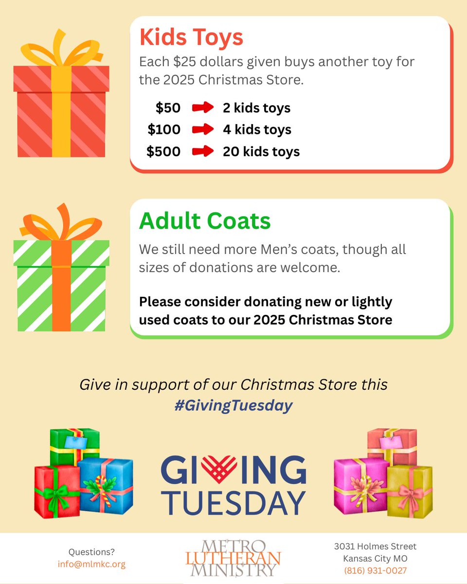 The best way you can join in on #GivingTuesday and support MLM is to give to our 2025 Christmas Store. Click the link to be a part of this day of giving!

mlmkc.org/news/giving-tu…

#christmasstore #support #xmas #store #givingseason