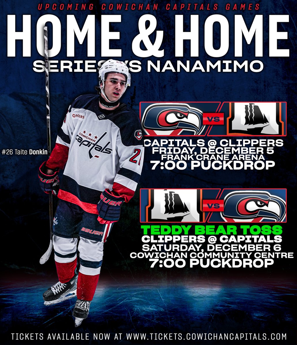 cowichancaps's tweet photo. CAPS THIS WEEK

We kick off the month of December with a Home &amp; Home series with the Clippers!

Catch the call of Friday's game with Joey Pitt on @FloHockey &amp; https://t.co/DjiUN2h9ve

And get your tickets for Saturday's Teddy Bear Toss game: https://t.co/jWS4B4p6L6

#BCHL https://t.co/RwPtWKNsqJ