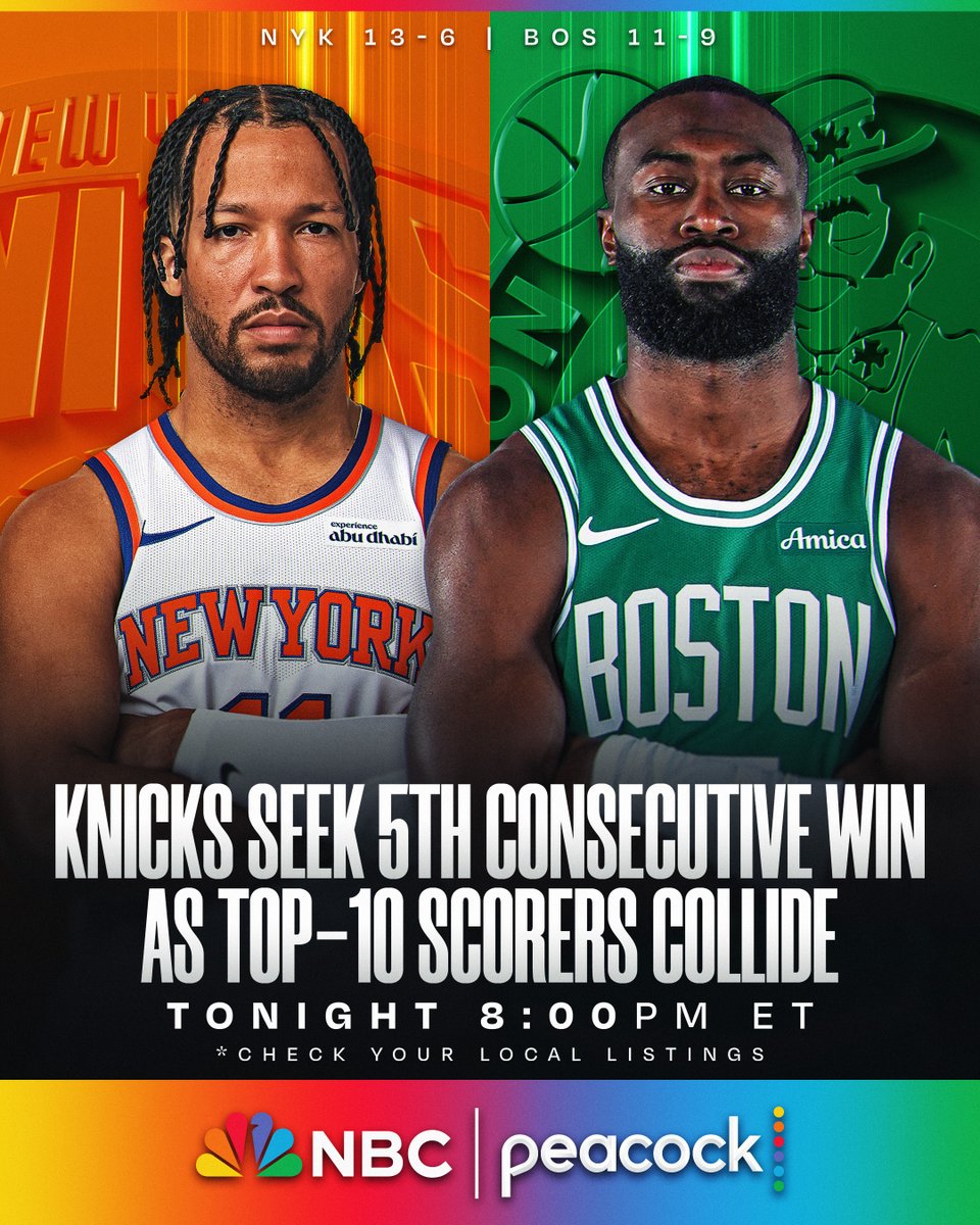 Top-10 scorers collide as Jalen Brunson (28.5 PPG, 8th in NBA) and the Knicks look for their 5th straight win vs. Jaylen Brown (28.4 PPG, 9th in NBA) and the Celtics in the 500th matchup of this storied rivalry.
📺 8:00pm/et | NBC and Peacock