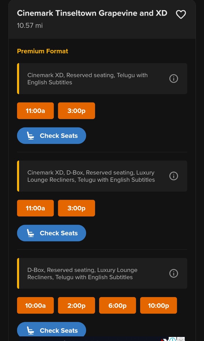 Sunny2898AD's tweet image. Opened 👍 
Cinemark Tinseltown Grapevine✅
XD shows and DBox
Cinemark Lewisville and XD✅

#TheRajaSaab @PrathyangiraUS @PrabhasFansUSA