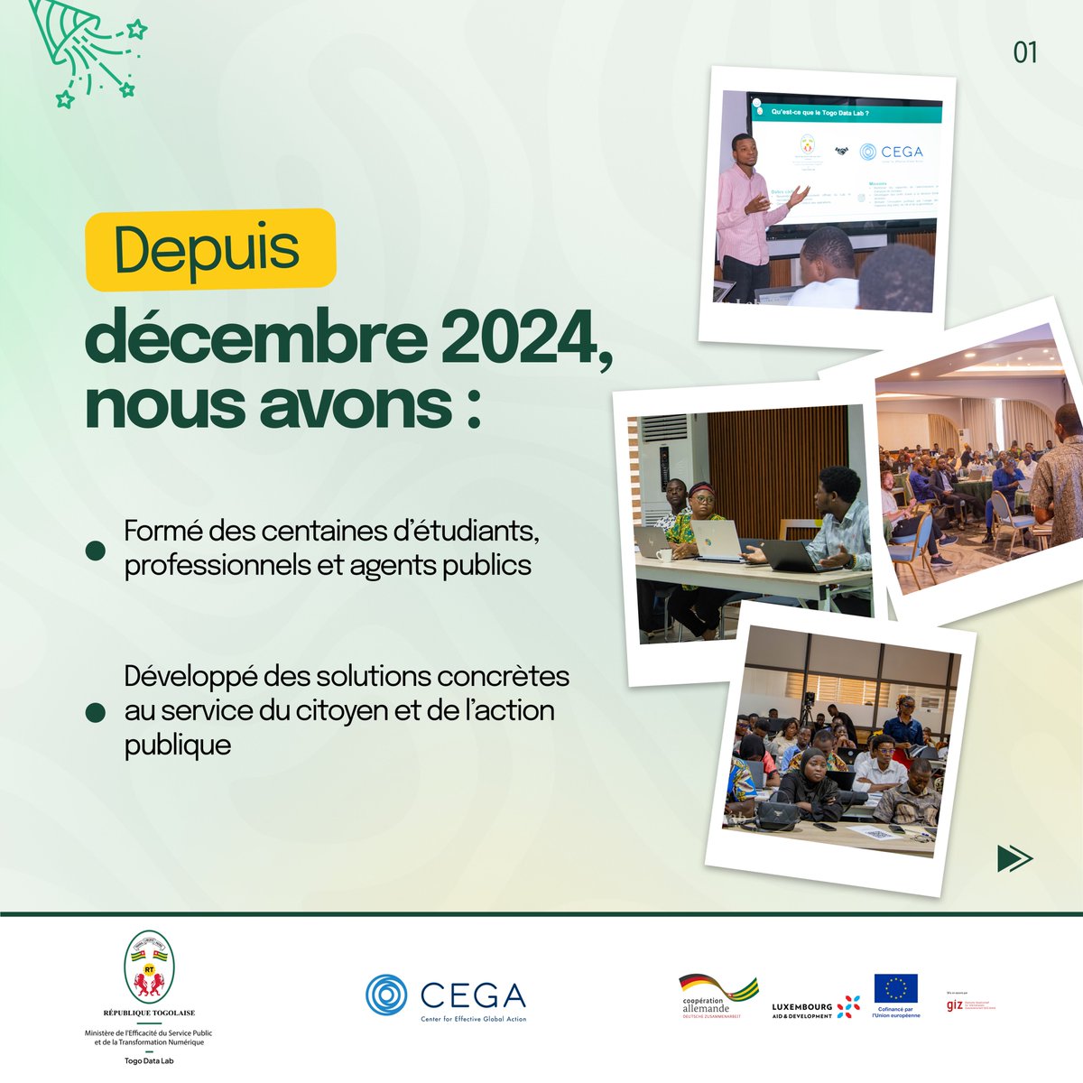 Togodatalab's tweet photo. đ Le Togo Data Lab a 1 an !
1 500 talents formés, 76 projets data, et une mission : transformer les données en décisions pour le Togo.
đ Lâaventure continue.
#TogoDataLab #TogoDigital https://t.co/tOqavF5ASi