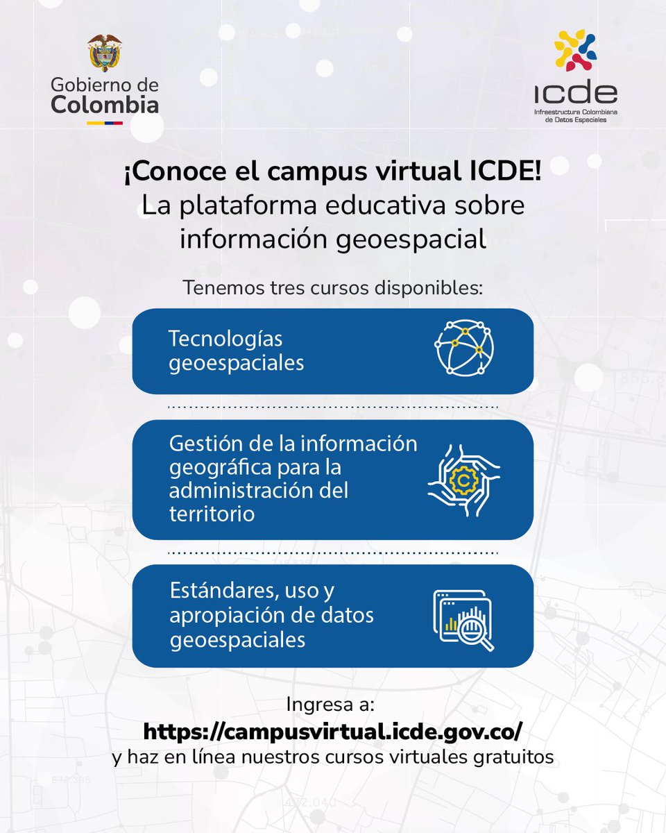¡Más de 1.000 personas ya se han certificado en los cursos virtuales ICDE este año! 🌎 Súmate y fortalece tus capacidades geoespaciales:
👉 campusvirtual.icde.gov.co

📆 Inscripciones hasta el viernes 5 de diciembre.

#ICDEColombia #CursosVirtuales #DatosGeoespaciales