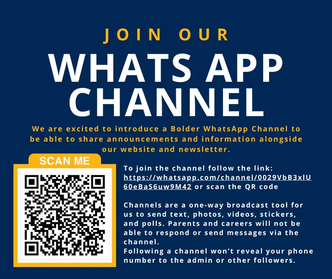 Good news travels fast — now even faster! 
We’re now on WhatsApp! Get all our updates in one tap — newsletters, reminders & last-minute info straight to your pocket.

Follow our channel: whatsapp.com/channel/0029VbB… 
#WhatsAppChannel #BolderFamily Image