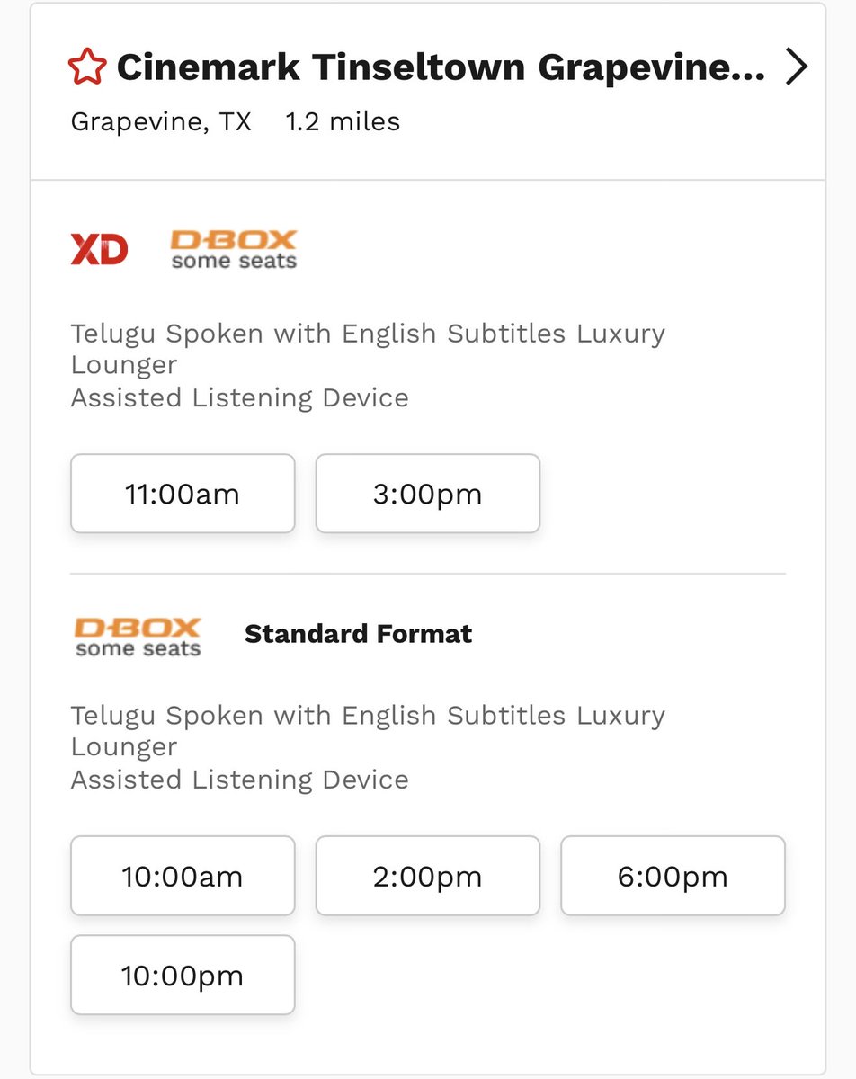 PrabhasFansUSA's tweet image. New location 🚨

In my opinion, the best screen and seating in the Dallas area is this place. 👍

📍 Cinemark Tinseltown Grapevine and XD

Grab your tickets now✅

#Prabhas #TheRajaSaab #RajasaabUSAbookings