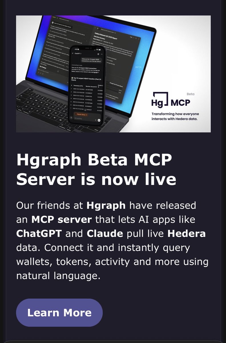 hgraph's tweet image. Shoutout to @Hashpack for featuring the Hgraph Beta MCP Server in their newsletter this week 🙌

Connect the entire @Hedera network’s data to ChatGPT and Claude easily. More instructions in the post below ↓