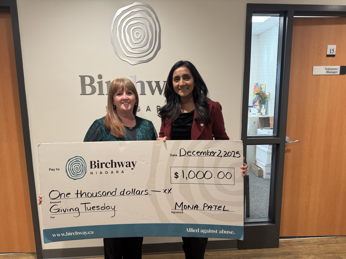 BirchwayNiagara's tweet image. Niagara Falls City Councillor, Mona Patel dropped by Birchway Niagara earlier today to celebrate GivingTuesday with a generous gift to support survivors of abuse in South Niagara.

Make your GivingTuesday donation at: canadahelps.org/en/dn/122780

#GivingTuesdayCA #AlliedAgainstAbuse