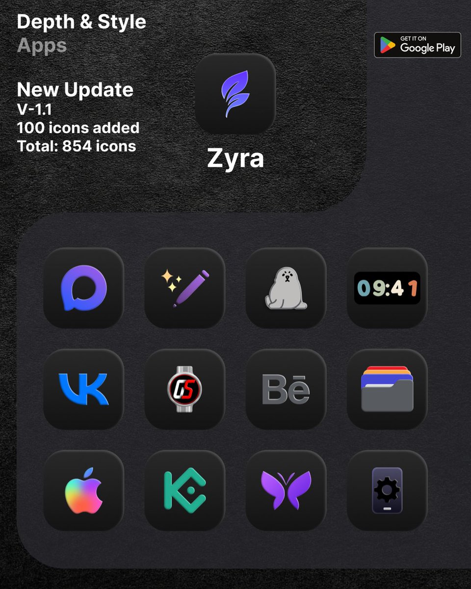 🥳New Zyra Update Now Available!
✔️V-1.1
🔹️100 icons added.
🚀 In total more than 854 icons. 

📦 Available on Google Play 
📍bit.ly/49HDIxx

#Icons #Android #Widgets