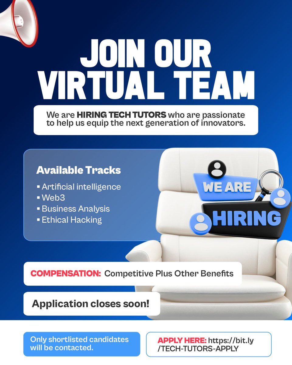 JOBCORNER247's tweet image. Urgent Hiring!!

Role: Tech Tutors

Work fully remote while helping train the next generation of tech innovators.

Available Tracks:
– Artificial Intelligence
– Web3
– Business Analysis
– Ethical Hacking

Compensation: Competitive + additional benefits

Apply Here:…