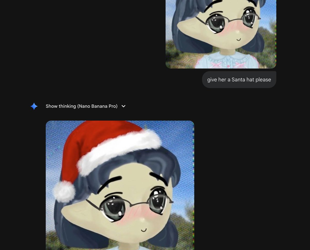 tmuxvim's tweet image. nano banana gave me a nano santa hat