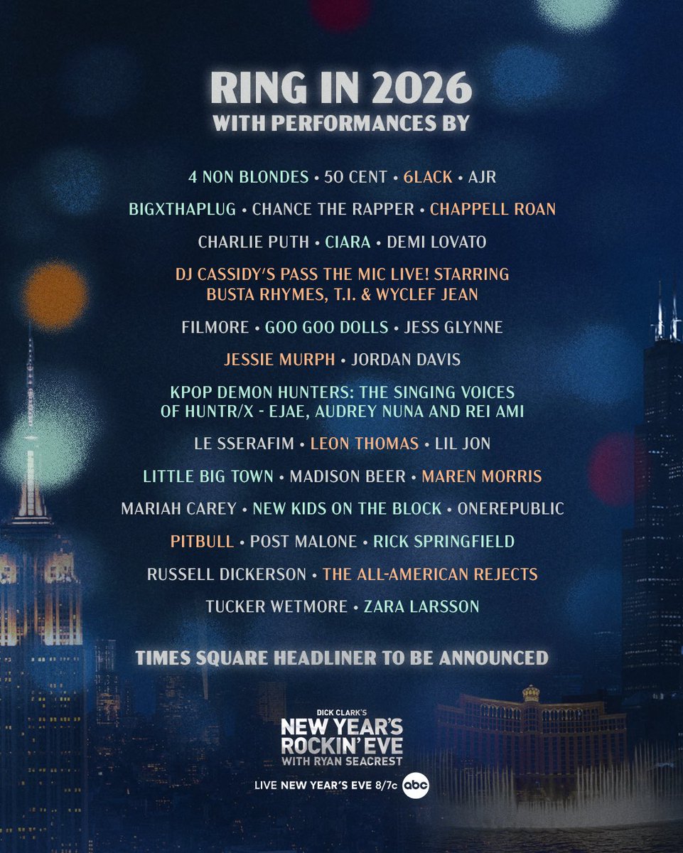 filmoremusic's tweet photo. YALL! So pumped to announce I’m performing with @Pitbull from Las Vegas as part of New Year's @RockinEve with @RyanSeacrest 🎲 

Ring in 2026 with us - New Year's Eve at 8/7c on @ABC #RockinEve https://t.co/tiaFWb1qaH