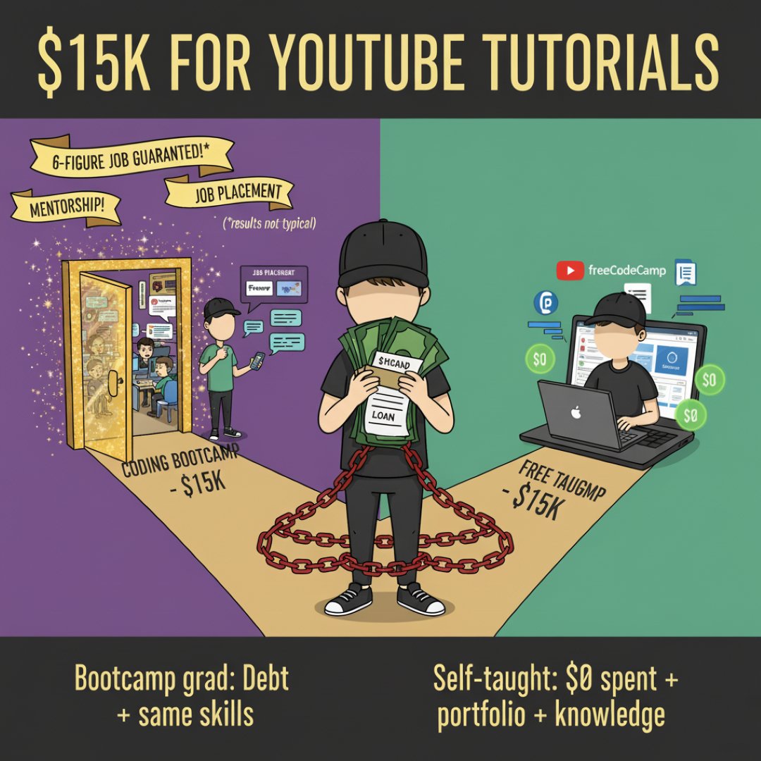 itsmzift's tweet image. Bootcamps charge $15K for YouTube tutorials.

&quot;Mentorship&quot; = burned-out dev on Slack once a week
&quot;Job placement&quot; = Upwork gigs

$15K later: Junior skills + debt

Self-taught devs build portfolios.

Bootcamp grads buy credentials.

#Bootcamp #LearnToCode #HotTake #TechEducation
