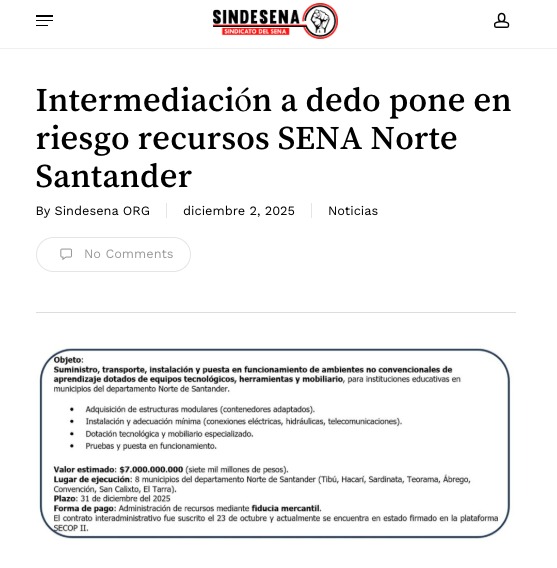 La intermediación a dedo pone en riesgo los recursos del SENA Norte Santander. $7.000 millones entregados a un fondo sin experiencia real abren la puerta a irregularidades. Desde <a href="/sindesenacol/">Sindicato del SENA</a> exigimos transparencia y control sobre lo público. sindesena.org/intermediacion…