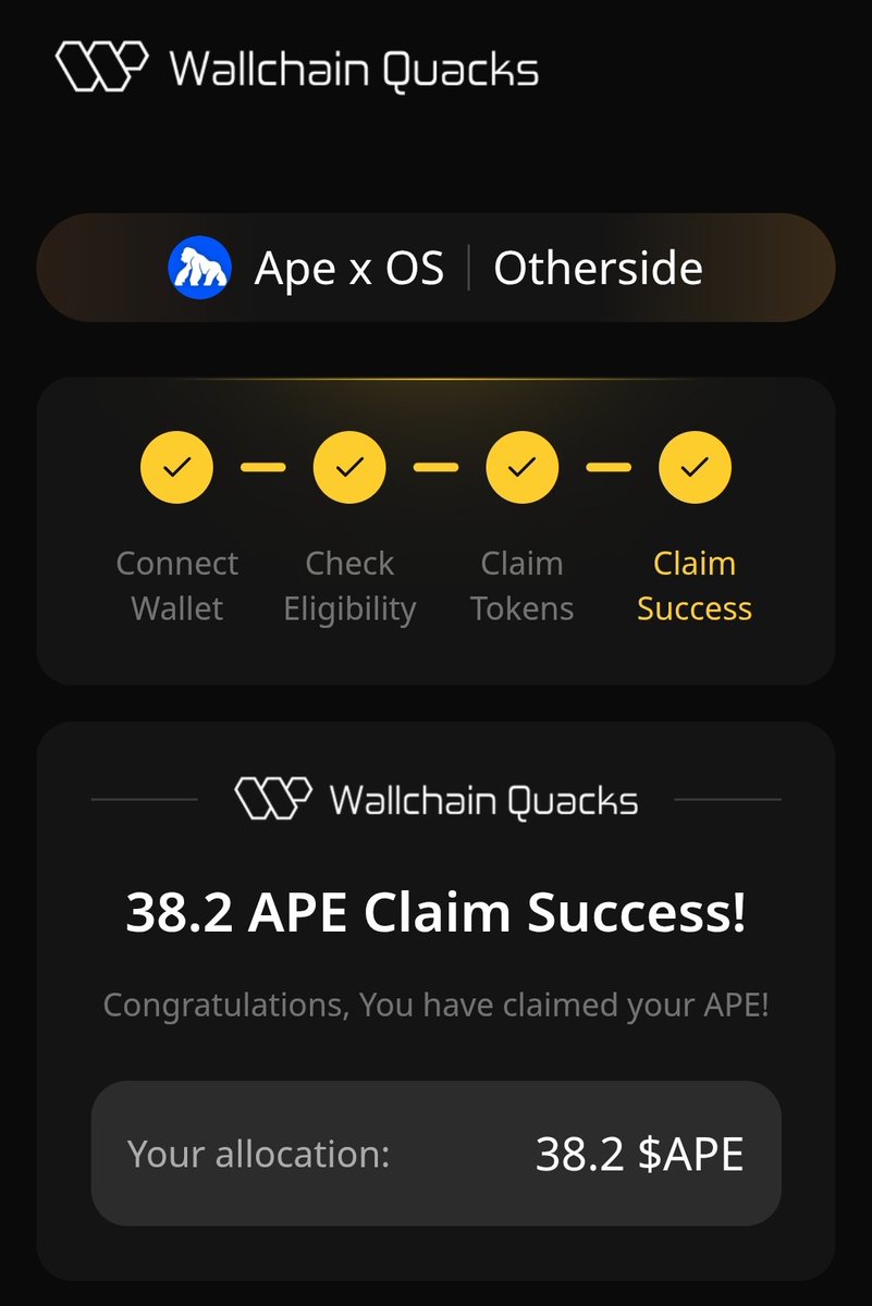 38 <a href="/apecoin/">ApeCoin</a> for sharing what I enjoy
Thank you <a href="/wallchain/">Wallchain Quacks</a> &amp; <a href="/OthersideMeta/">Othersidemeta</a> 
ApeChain on top