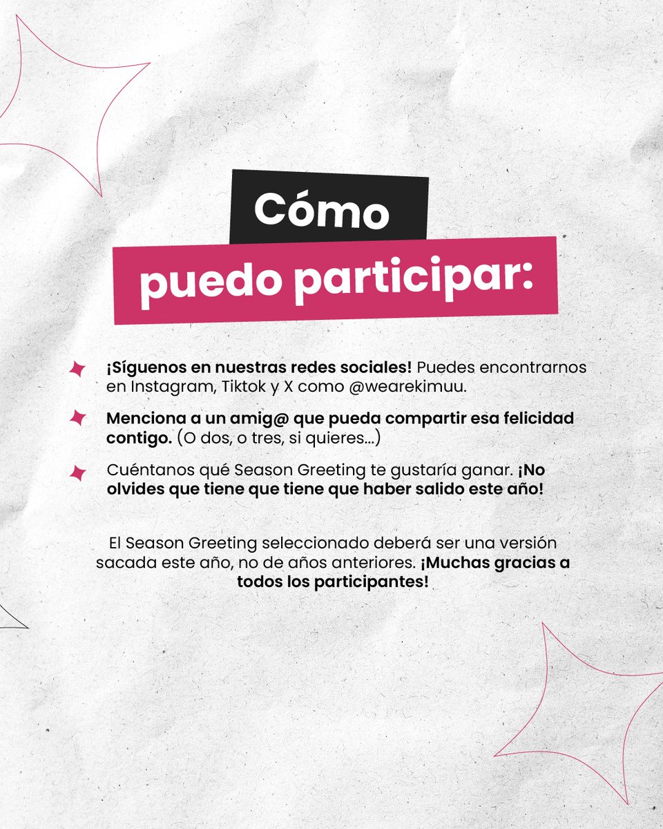 WeAreKimuu's tweet photo. ¡Último sorteo de 2025!

En estas fechas tan especiales, que mejor que tener un recuerdo del año que ha hecho tu grupo o artista favorito?

En Kimuu vamos a sortear un Seasons Greetings de este año entre todas las personas que participen 🎁

🎄 REQUISITOS PARA PARTICIPAR 🎄
- Seguirnos en Twitter
- Dar RT a esta publicación
- Mencionar a un amig@ y decirnos qué álbum escogerías en caso de que ganaras. Podrás cambiarlo más adelante si quieres😏

¡Recuerda que puedes conseguir más participaciones en nuestro Instagram, ya que se juntarán las participaciones de ambas redes sociales!

Muchas gracias a todos por participar

https://t.co/Z4JPaTovug
Improving the K-Pop experience ✨