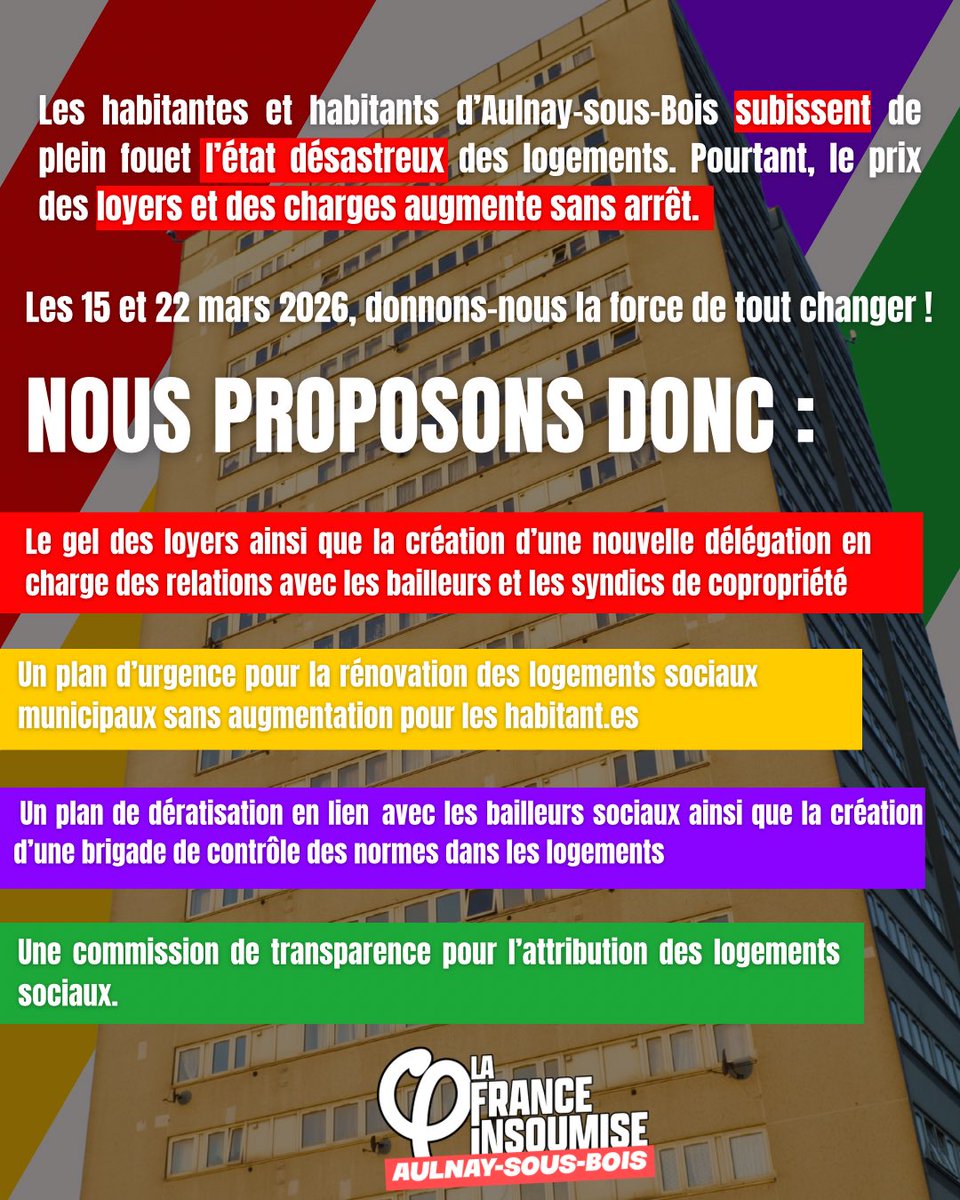 🏘️ Pour une politique du logement vraiment juste !

L’augmentation interminable des loyers doit cesser.
Mieux encore : les loyers doivent enfin baisser.

👉 Découvrez quelques-unes de nos propositions pour Aulnay 

Ensemble, donnons-nous la force de tout changer ! ✊✨