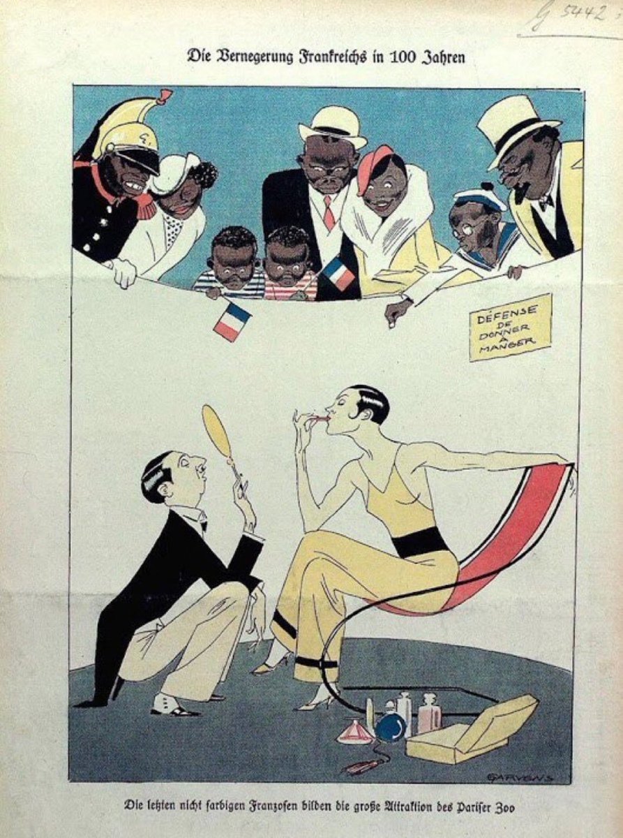 No es por nada, pero los alemanes de los años 30 sabían una o tus cosas del futuro europeo. 

Pues así representaban a Francia caricaturas alemanas de la época.

Esta ilustración de la revista Kladderadatsch (1932) decía:
“La africanización de Francia en un siglo. Los últimos
