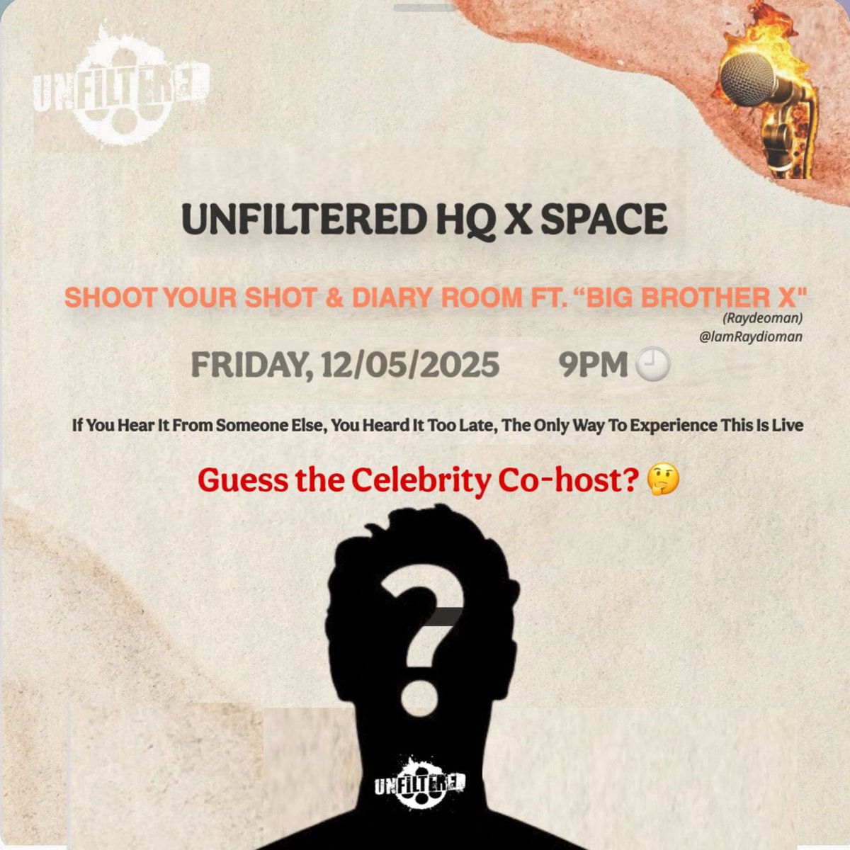 0laribiwa's tweet image. THIS FRIDAY, 5TH. 9PM SHARP. ⏰🔥
UNFILTERED HQ UNLOCKS A NEW ERA. 🚪✨

WELCOME TO “SHOOT YOUR SHOT &amp;amp; DIARY ROOM.” 🎯📓
BIG BROTHER IS BACK WITH THAT SUSPENSE-SOAKED VOICE. 🎙️
EXPECT CONFESSIONS, CHAOS, CRUSHES EXPOSED 💘🔥
AND TRUTHS NOBODY CAN HIDE FROM. 👀

THIS IS NOT A…