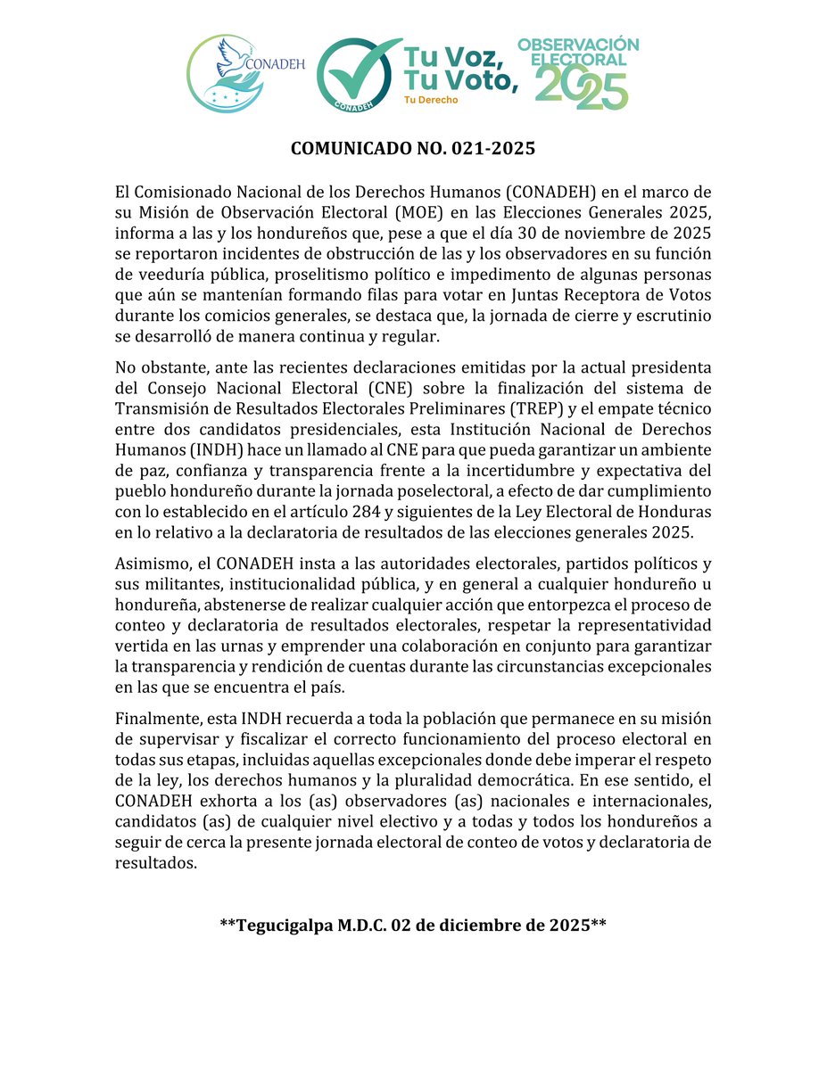 CONADEH's tweet image. #CONADEH recomienda no entorpecer conteo y declaratoria de resultados electorales.

Ver comunicado aquí 👇 
conadeh.hn/wp-content/upl…