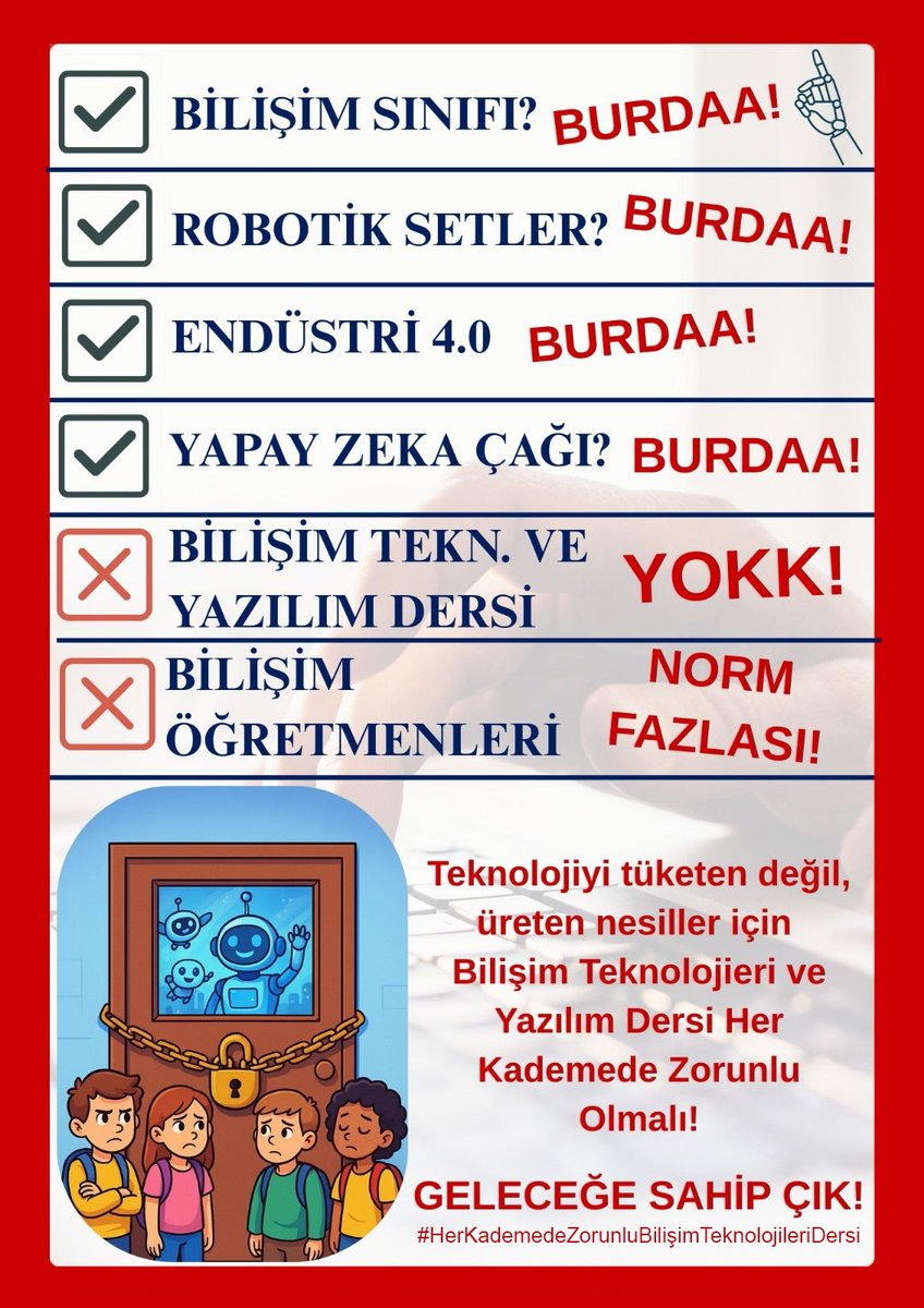 Sadece haftada 1 saatlik dersle çocukların kodlama, algoritma ve teknoloji okuryazarlığı becerisi kazanması mümkün değildir.

#HerSınıfaBilişimDersi <a href="/SadiSeferoglu/">S. Sadi SEFEROGLU</a> <a href="/umitozdag/">Ümit Özdağ</a>