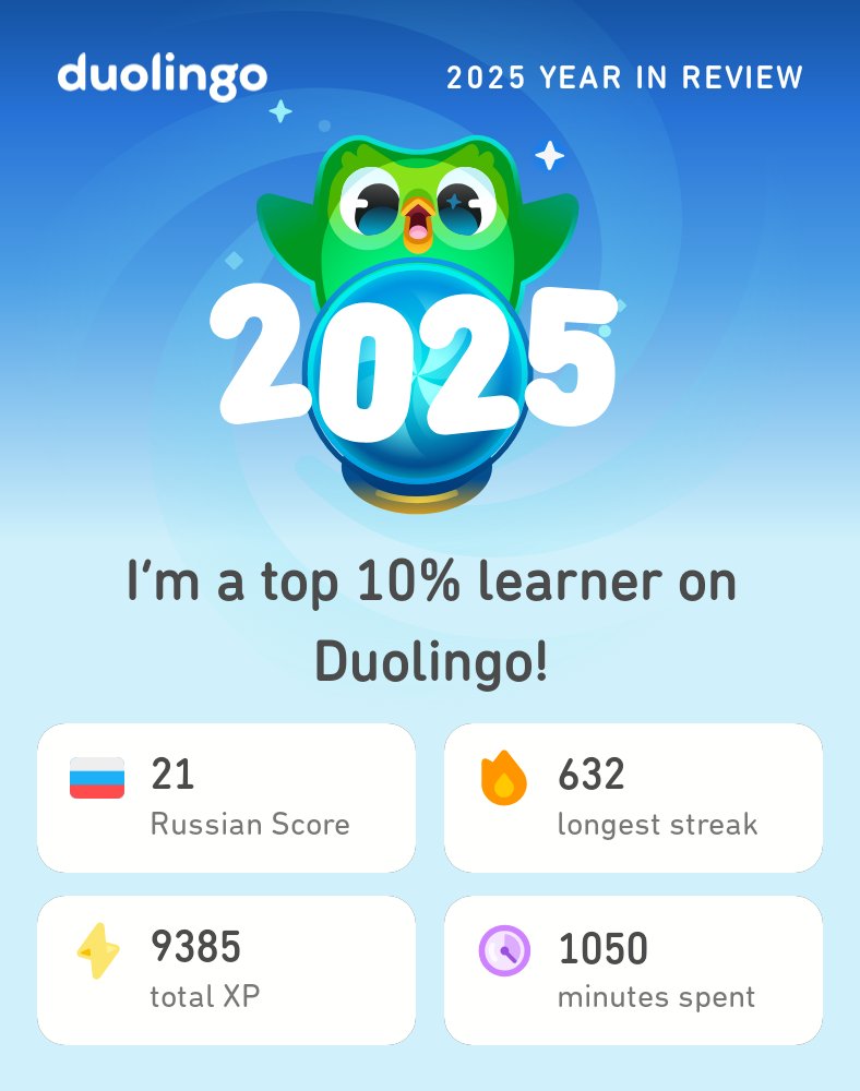 Hippy_Twit's tweet photo. My 2025 Duolingo stats are in! How did you do? #Duolingo365 https://t.co/AMbtHbwbN5