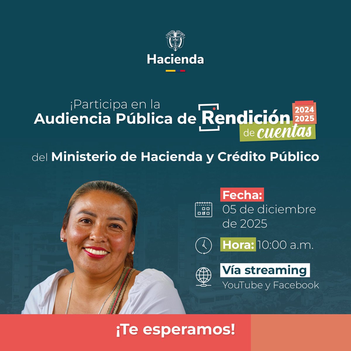 ¡Cuando la información es clara y la entidad cumple, la confianza crece!

<a href="/MinHacienda/">MinHacienda</a> te invita a participar en la Audiencia Pública de Rendición de Cuentas 2024-2025.

Porque la transparencia también se construye contigo.

Fecha: 05 de diciembre de 2025
Hora: 10:00 a.m.

Vía
