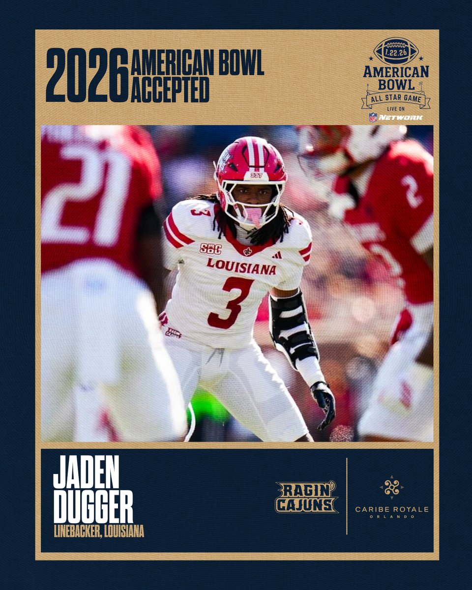 WELCOME TO AMERICA’S COLLEGE FOOTBALL ALL-STAR GAME! 🇺🇸

Jaden Dugger from <a href="/RaginCajunsFB/">Louisiana Ragin’ Cajuns® Football</a> has officially accepted his invitation to the 2026 American Bowl, where the nation’s top senior talent comes together to compete, represent their programs, and honor those who serve.

Next
