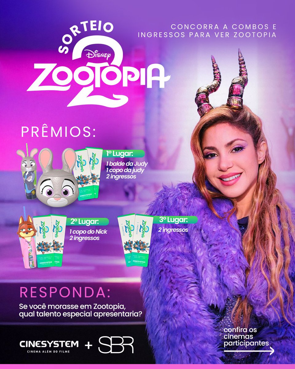 🍿 Quer assistir #Zootopia2 na faixa ao som de "Zoo" da Shakira e ainda ganhar itens do filme incríveis?

O SBR e a <a href="/Cinesystem/">Cinesystem</a> te levam pra ver a animação do ano com um amigo. Corre pra rede vizinha e participe!