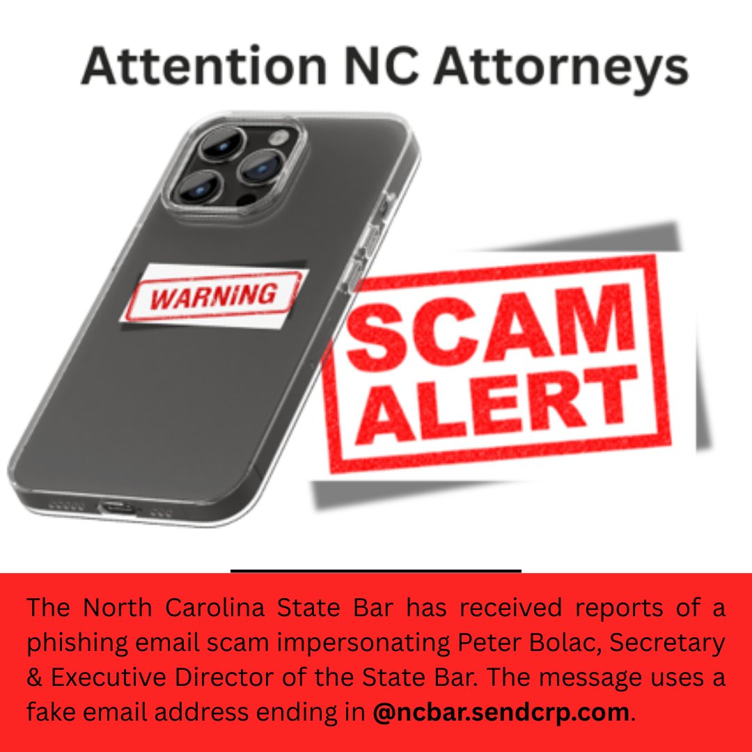***Email Scam Alert for North Carolina Lawyers***

We’ve been made aware of a phishing email impersonating Peter Bolac, Secretary &amp; Executive Director of the State Bar. The message appears to come from “Peter Bolac” but uses a fake email address ending in <a href="/ncbar/">大谷景子 クレイ・トラスト・リンク協会代表理事</a>.sendcrp.com.