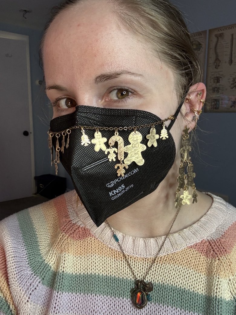 I do still have stock for some wintery Christmas mask chains! I also have some earrings made, but ofc not all posted on the ko-fi 😩 I have some candy canes, little trees, &amp; gingerbread studs/cascade shaped like a tree. I’ll work on posting more this week (hopefully)