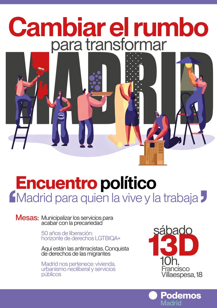 🚩Cambiar el rumbo para transformarlo todo.

Frente al Madrid de las desigualdades, la especulación con la vivienda, el negacionismo climático y la precariedad de nuestras vidas: Madrid para quien la vive y la trabaja.

Formarnos, organizarnos, movilizarnos, vencer ✊🏾